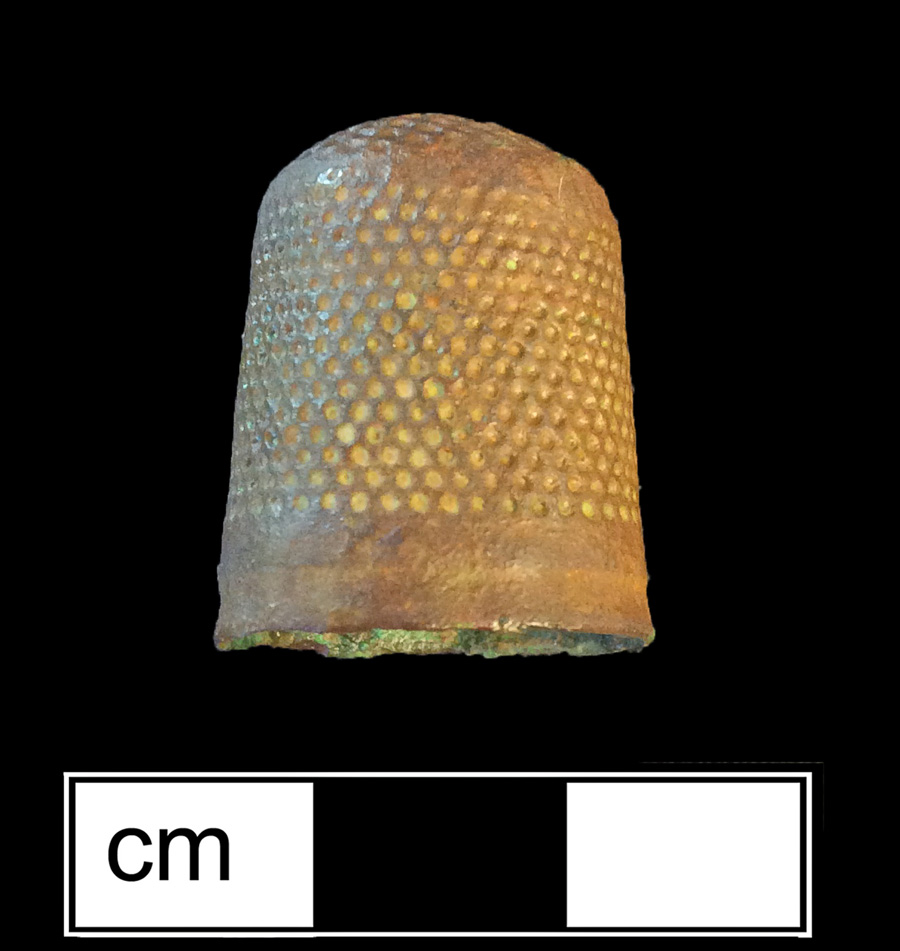 Image of copper alloy thimble, cast, hexagonal knurlings, waffle crown knurlings.