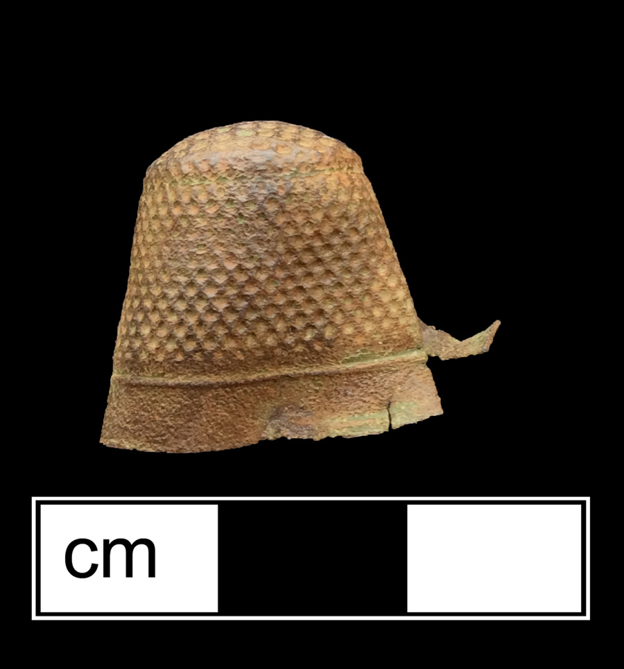 Image of copper alloy thimble, cast, hexagonal knurlings, waffle crown knurlings.