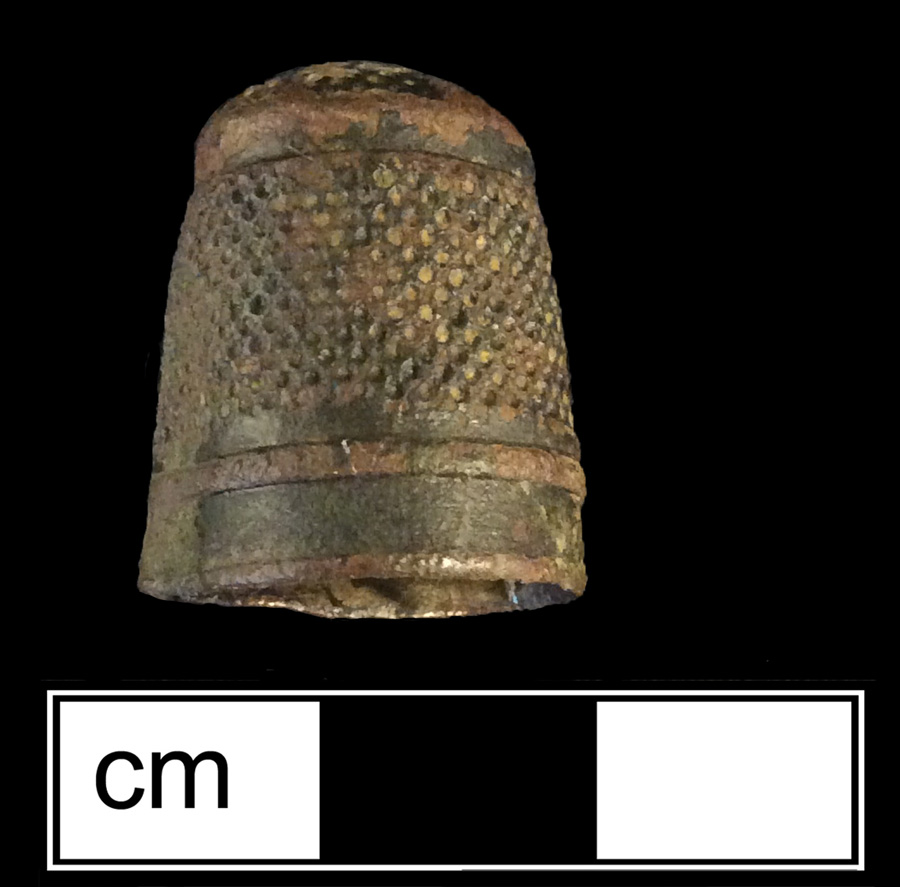 Image of copper alloy thimble, cast, hexagonal knurlings, waffle crown knurlings.