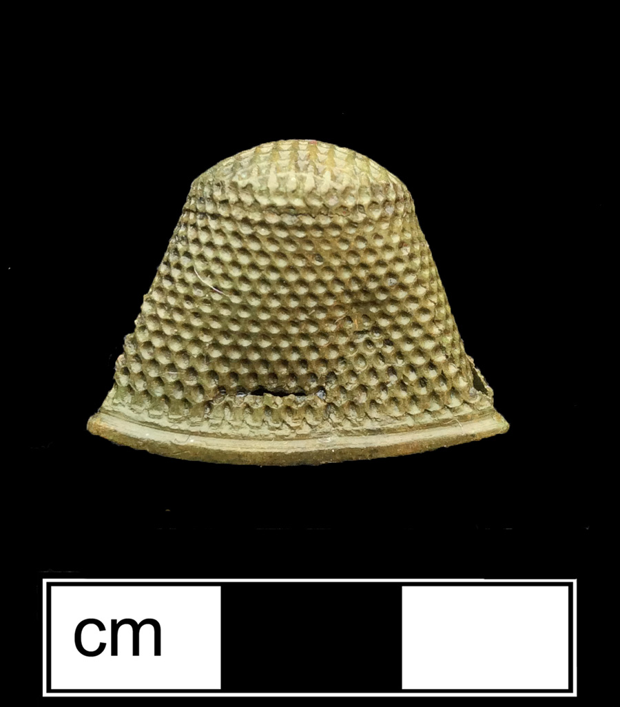 Image of copper alloy thimble, cast, hexagonal knurlings, waffle crown knurlings.