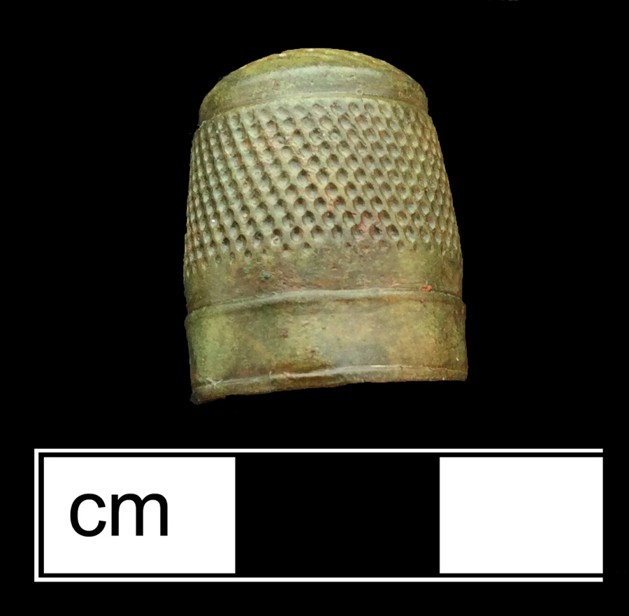 Image of copper alloy thimble, cast, hexagonal knurlings, waffle crown knurlings.