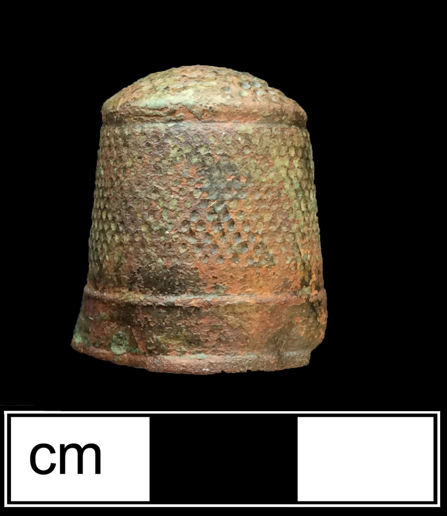 Image of copper alloy thimble, cast, hexagonal knurlings, waffle crown knurlings.