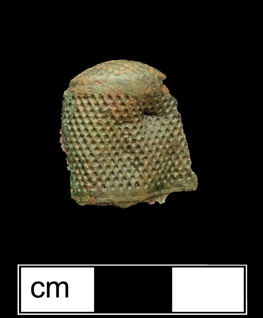 Image of copper alloy thimble, cast, hexagonal knurlings, waffle crown knurlings.