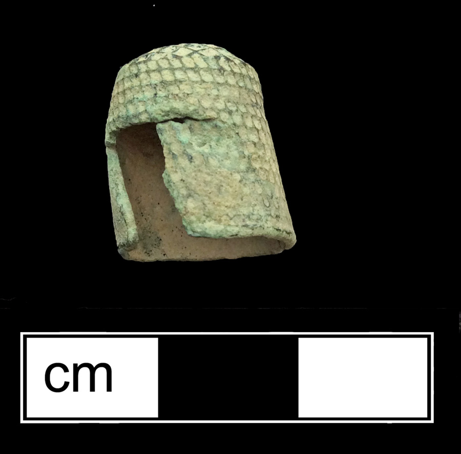 Image of copper alloy thimble, cast, hexagonal knurlings, waffle crown knurlings.