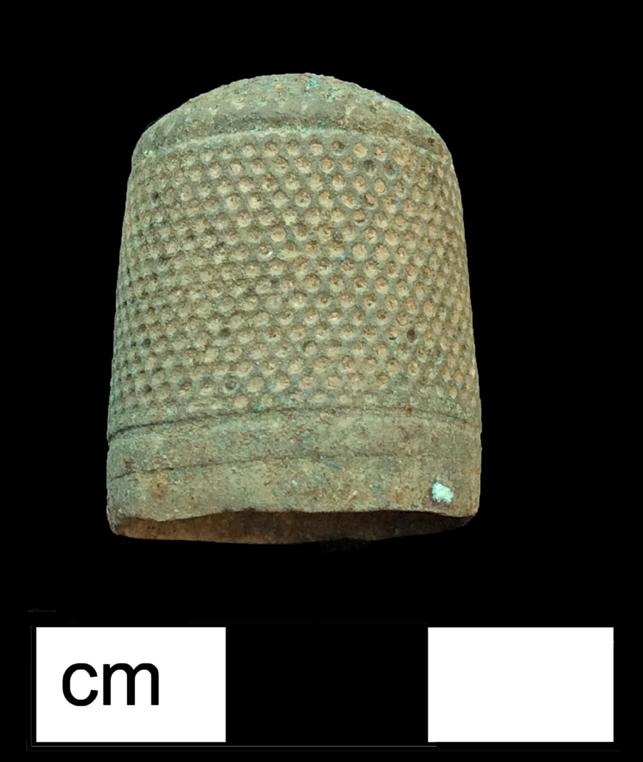 Image of copper alloy thimble, cast, waffle crown knurlings, 18th century.