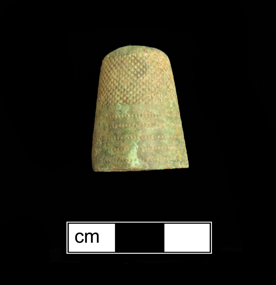 Image of copper alloy thimble, deep drawn, dotted knurlings.