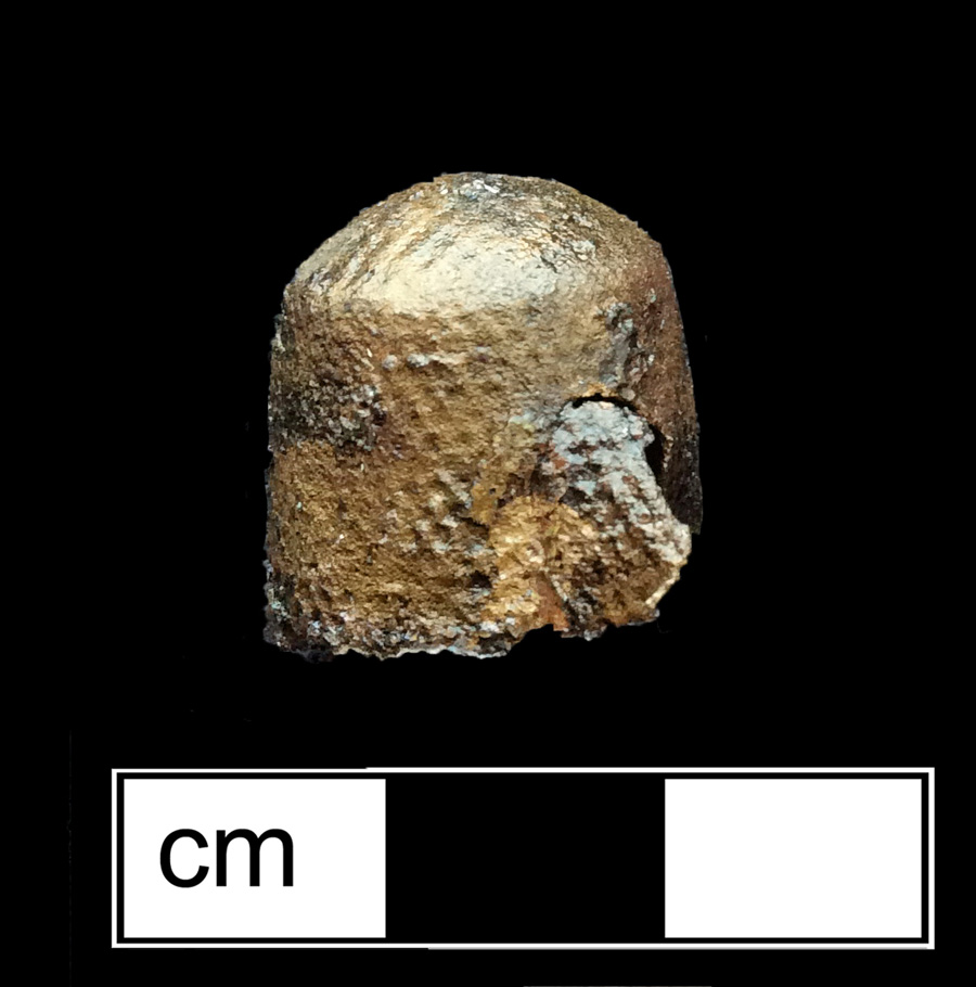 Image of copper alloy thimble, cast, waffle crown knurlings, 18th century.