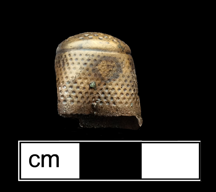 Image of copper alloy thimble, cast, hexagonal knurlings, waffle crown knurlings.
