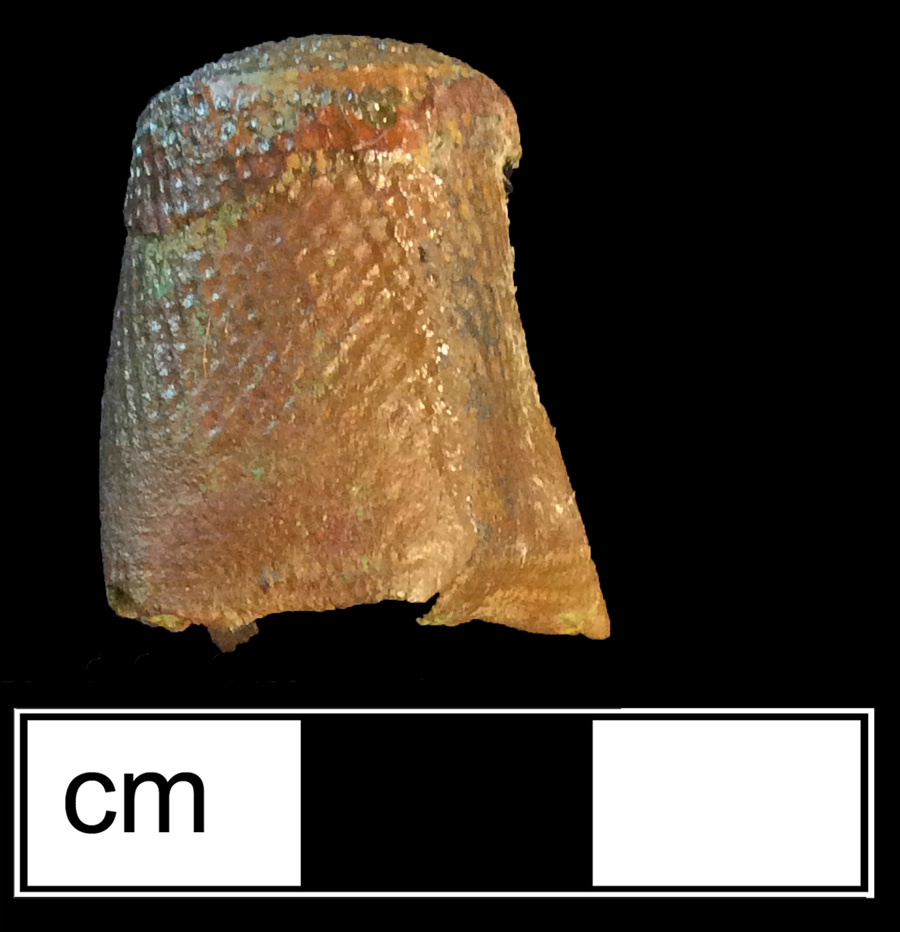 Image of copper alloy thimble, deep drawn, hexagonal knurlings, 18th century.