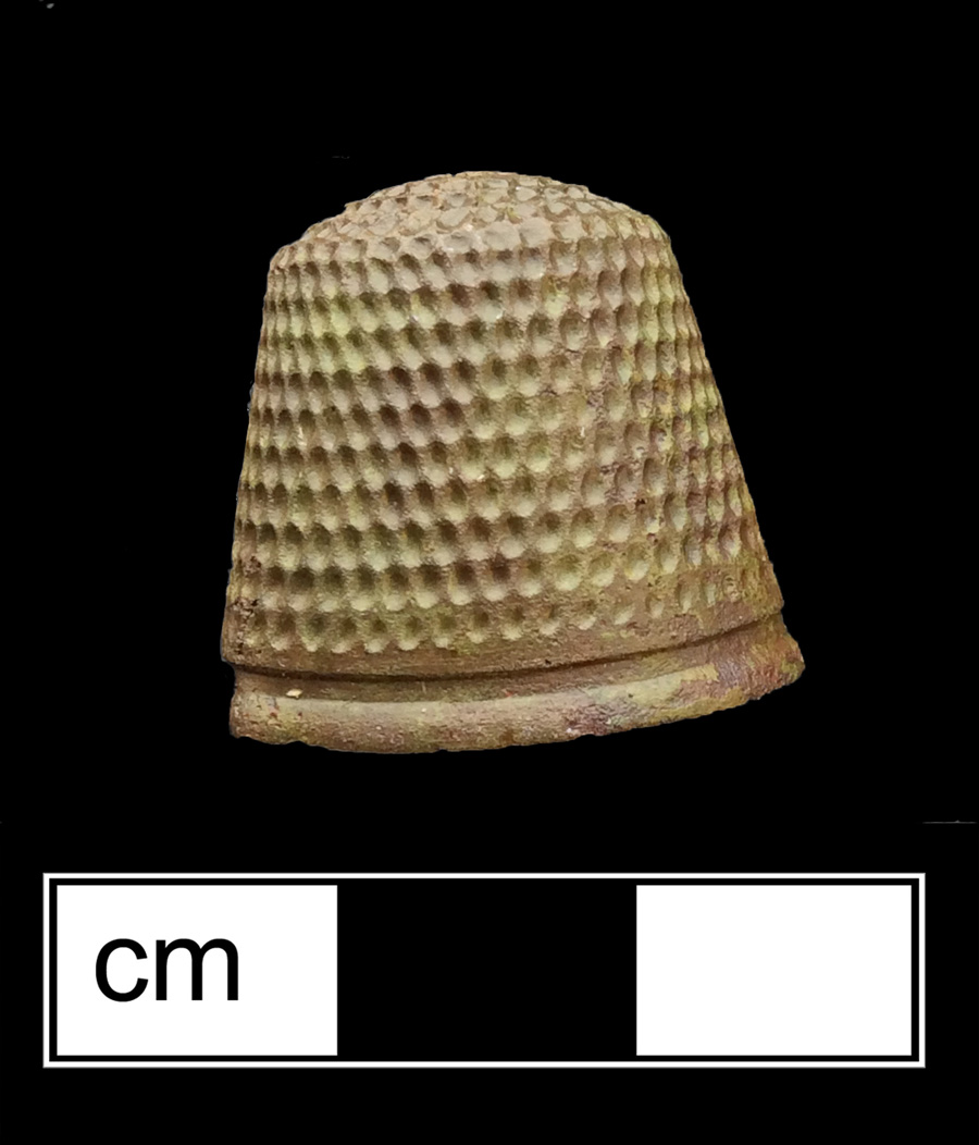 Image of copper alloy thimble, deep drawn, hexagonal knurlings, 20th century.