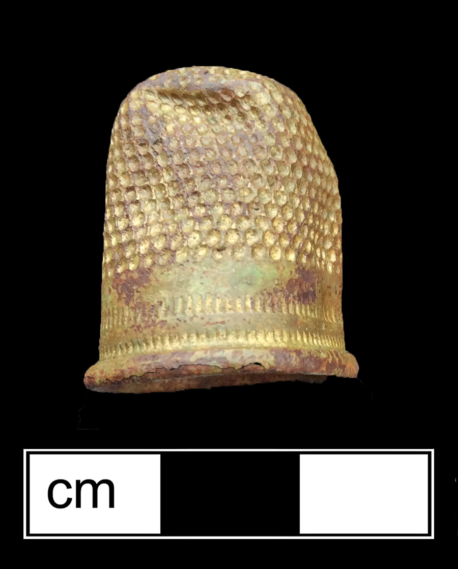 Image of copper alloy thimble, deep drawn, dotted knurlings, dotted crown knurlings.