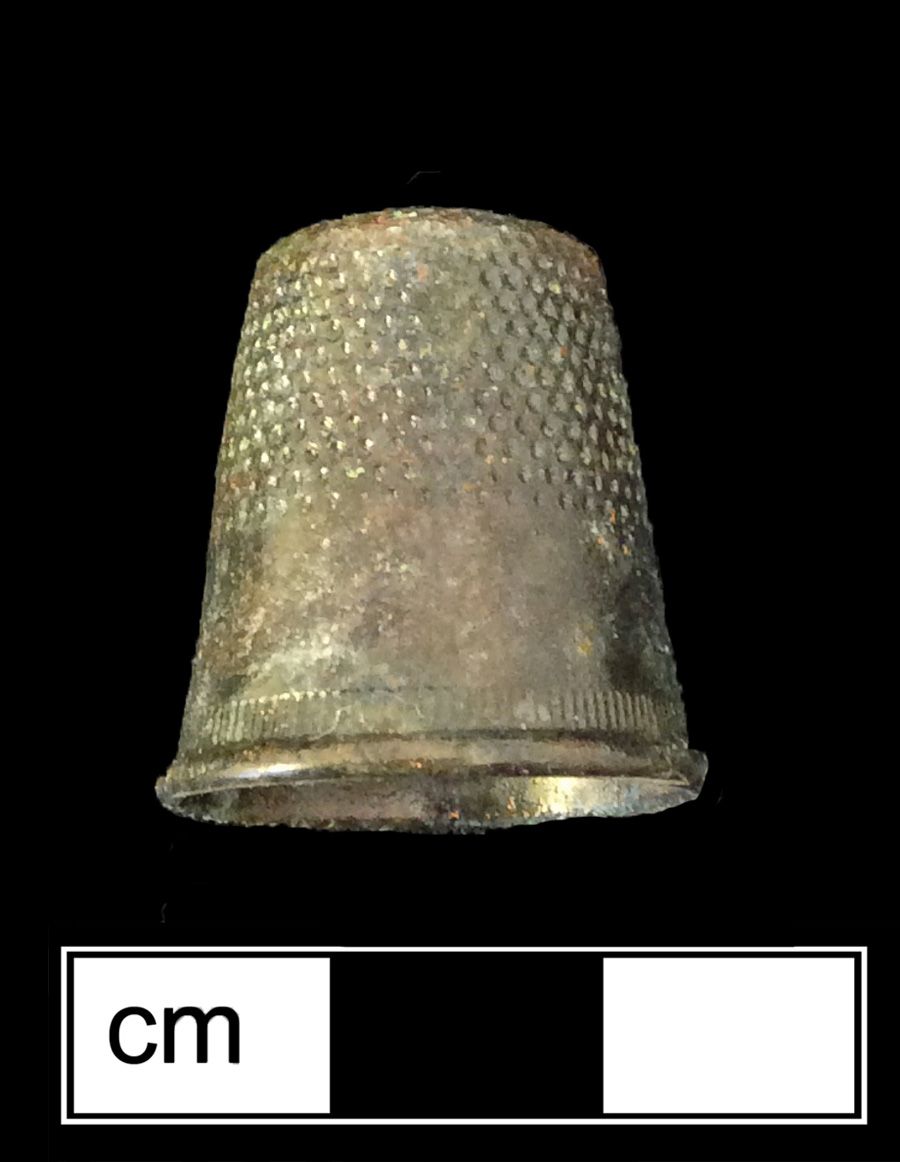 Image of copper alloy thimble, deep drawn, dotted knurlings, dotted crown knurlings.