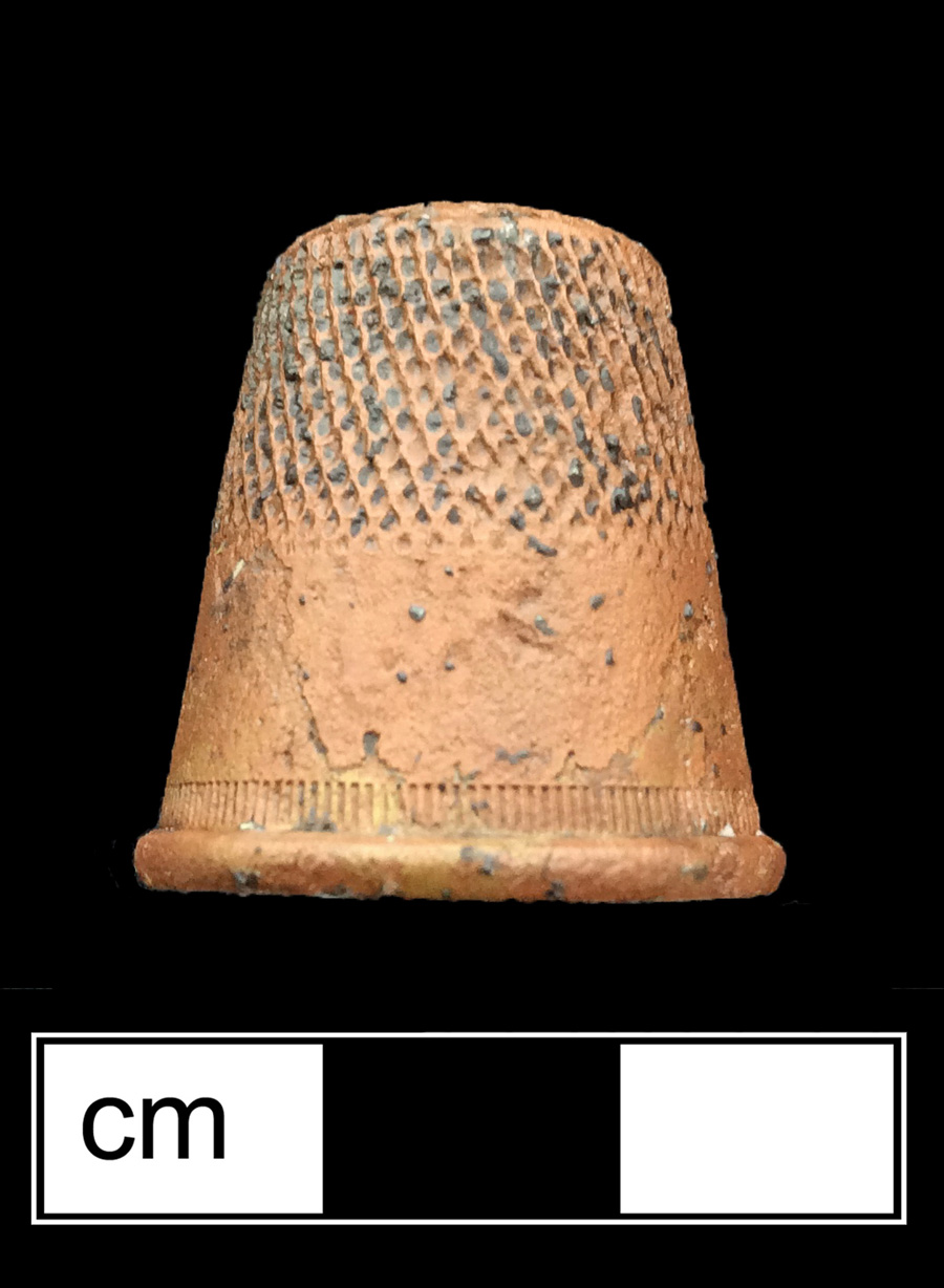 Image of copper alloy thimble, deep drawn, dotted knurlings, dotted crown knurlings.