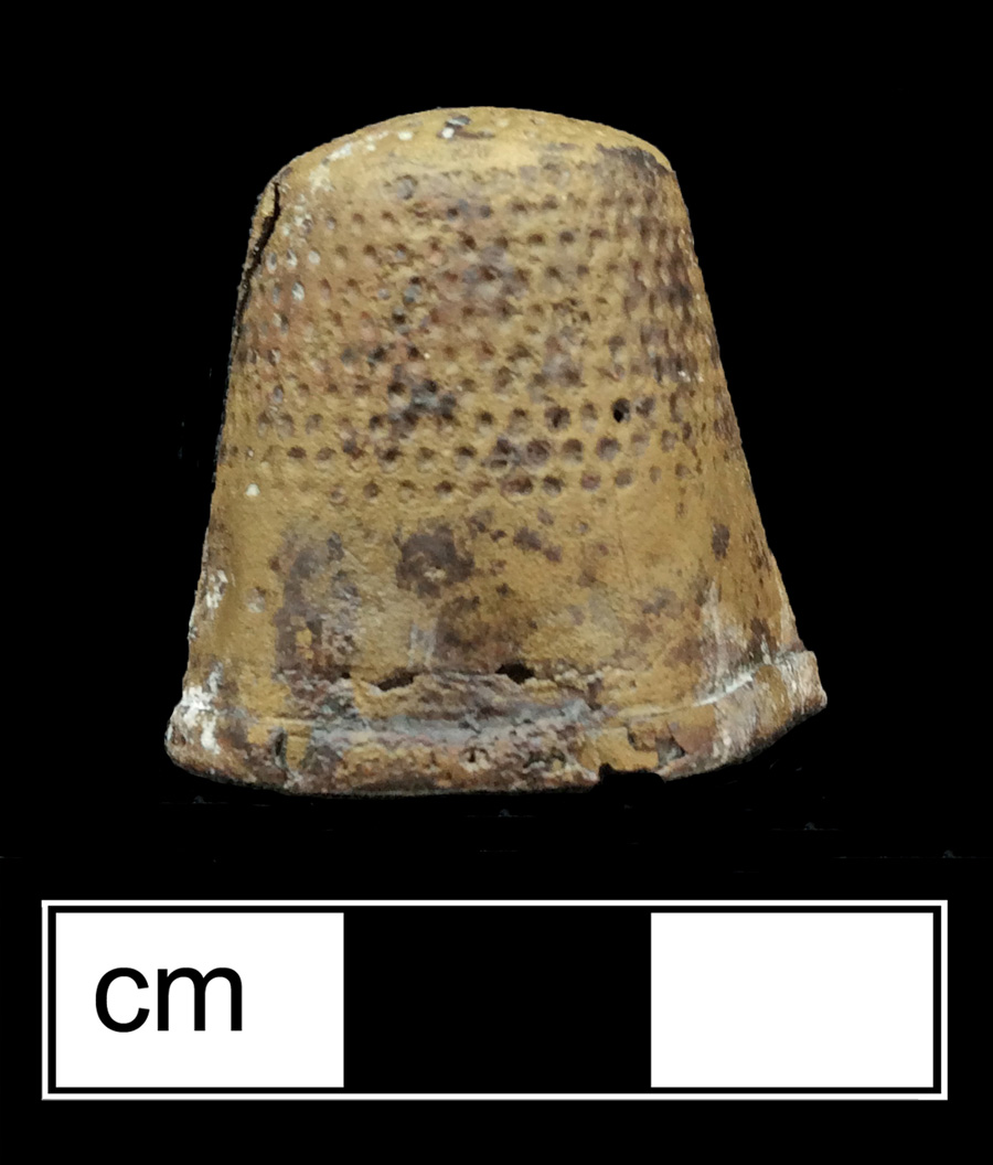 Image of copper alloy thimble, deep drawn, dotted knurlings, dotted crown knurlings.