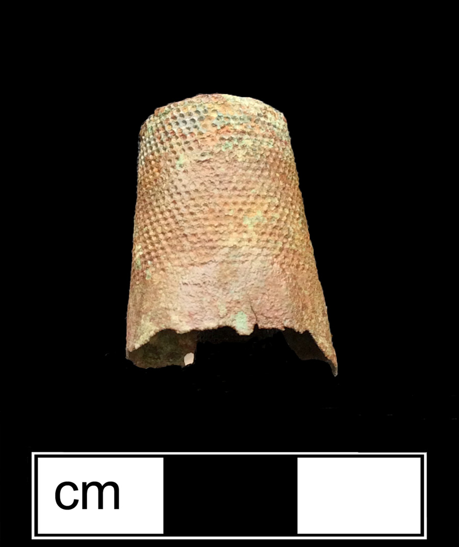 Image of copper alloy thimble, deep drawn, dotted knurlings, 18th century.