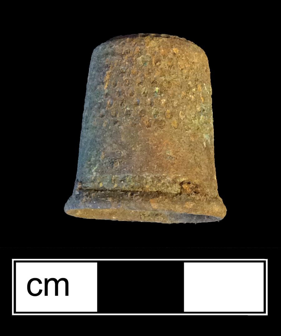 Image of copper alloy thimble, deep drawn, dotted knurlings, dotted crown knurlings.