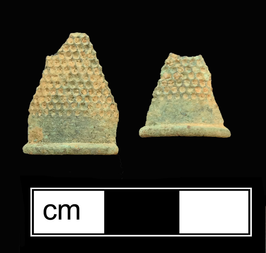 Image of copper alloy thimble, deep drawn, dotted knurlings, 19th century.