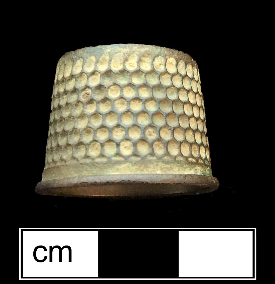 Image of copper alloy thimble, thimble ring, hexagonal knurlings, 18th century.