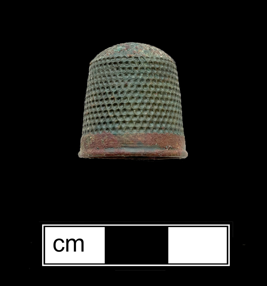 Image of copper alloy thimble, cast, waffle crown knurlings.