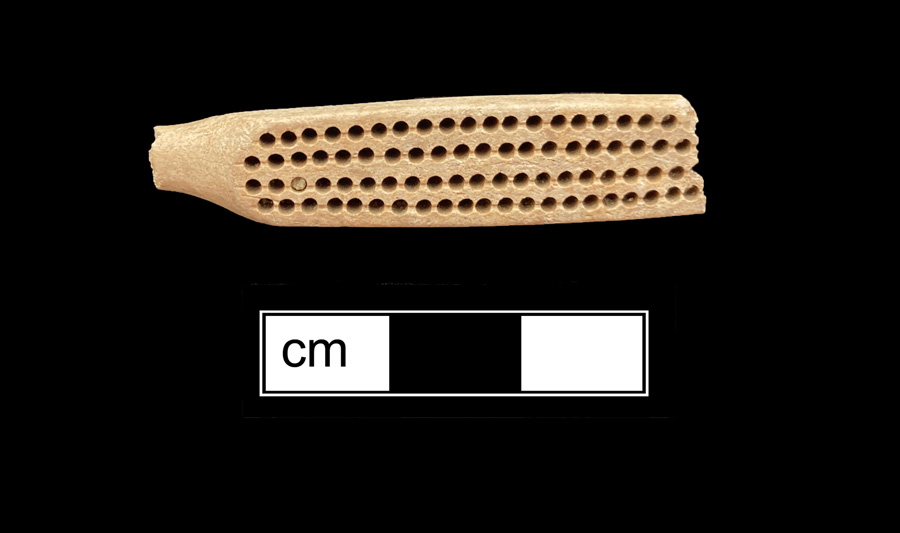 Image of bone toothbrush handle, trepanned, Virginia type, Pennsylvania type.