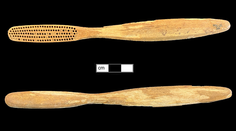 Image of bone toothbrush handle, trepanned, England type.