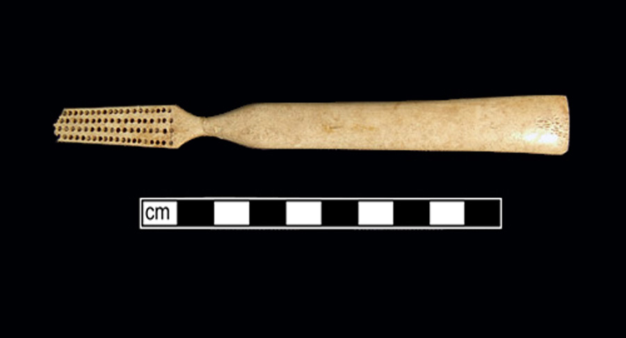 Image of bone toothbrush handle, trepanned, Virginia type.