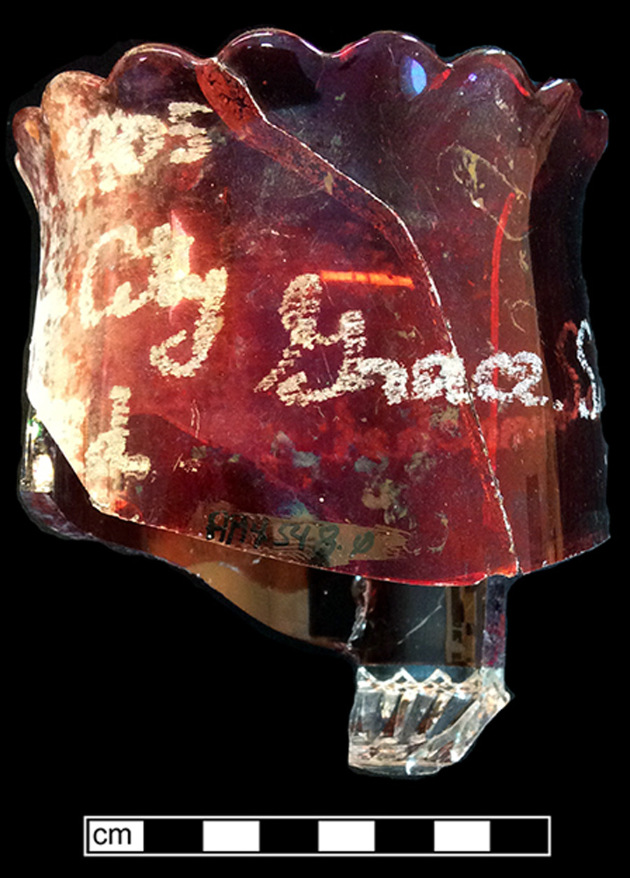 Image of transparent colored glass spooner, stained glass, adhesive decoration.