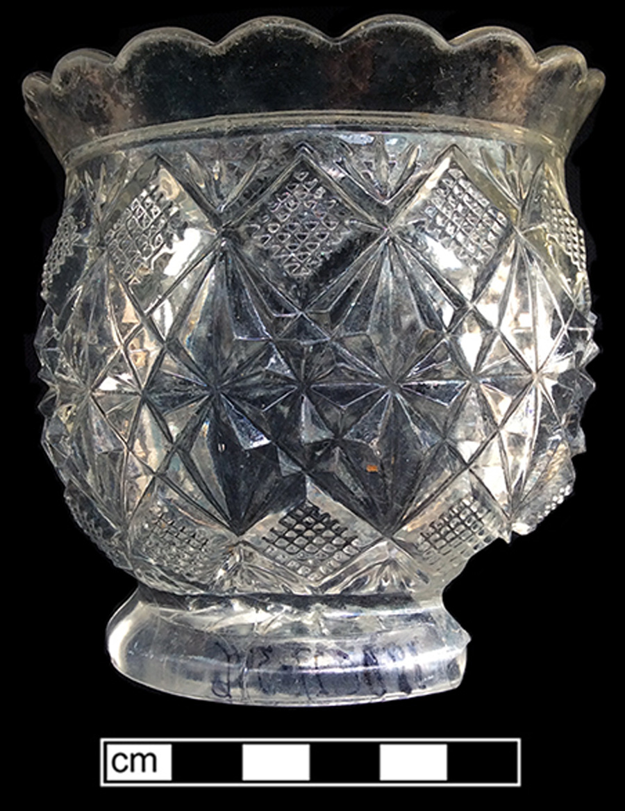 Image of colorless glass sugar dish or candy dish, hot glass decoration.