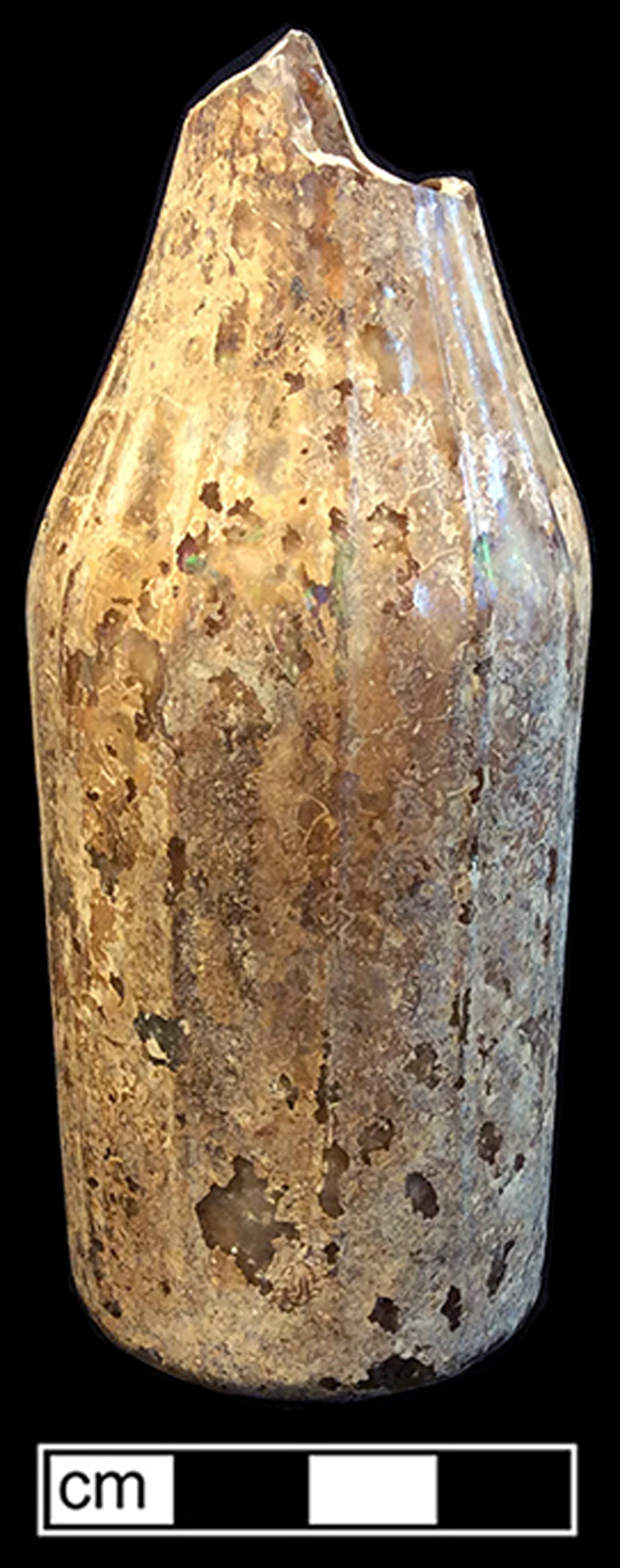 Image of colorless glass cruet or castor, hot glass decoration.