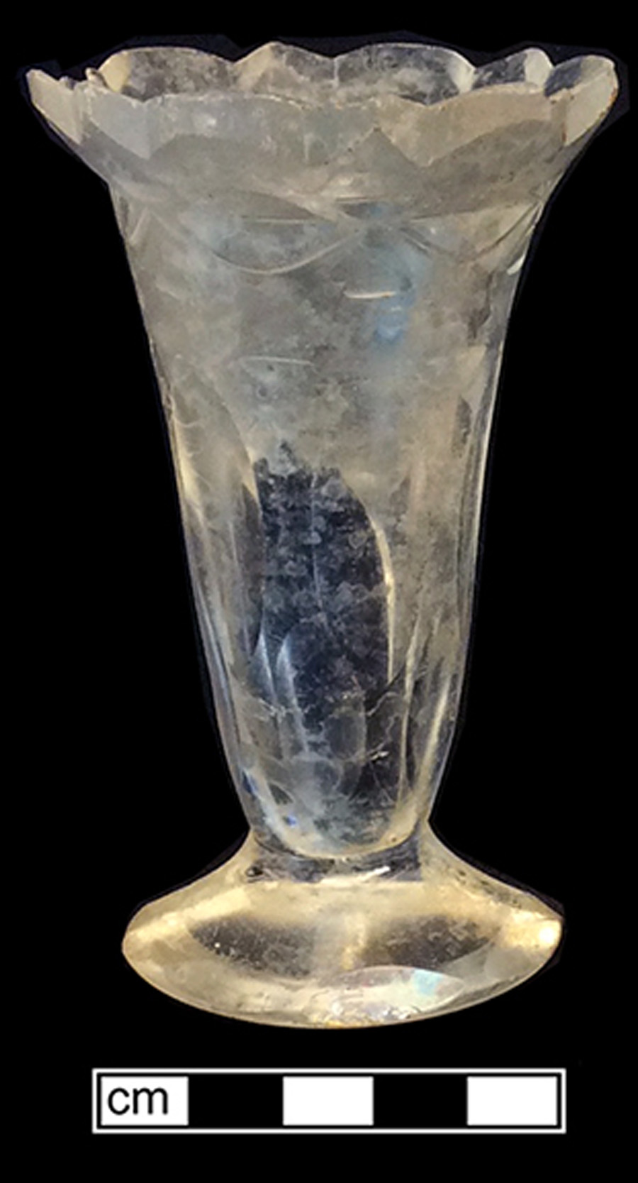 Image of colorless glass hollow jelly or dessert glass, abrasive decoration.