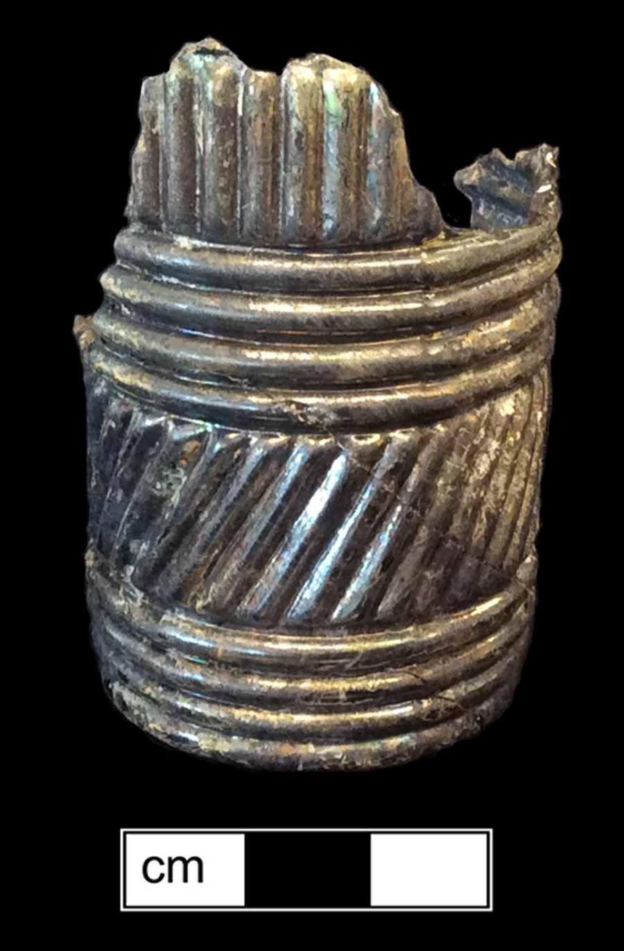 Image of colorless glass cruet or castor, hot glass decoration.