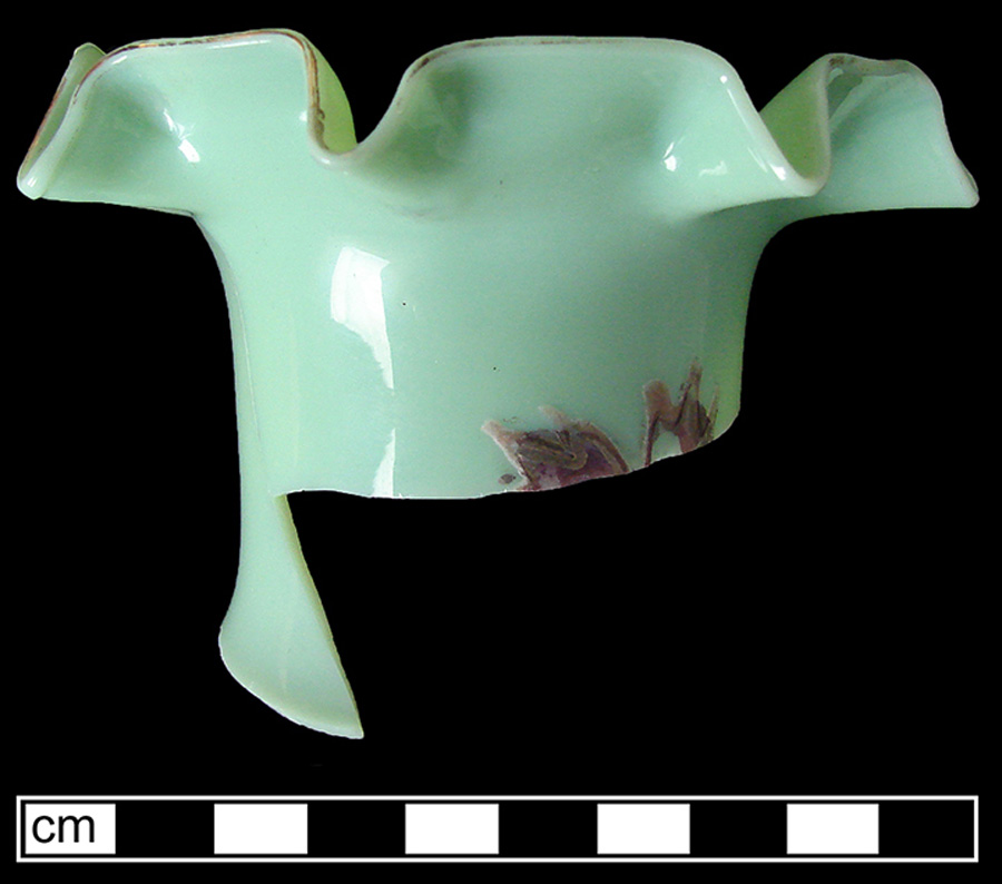 Image of colored glass vase, uranium glass, adhesive decoration.