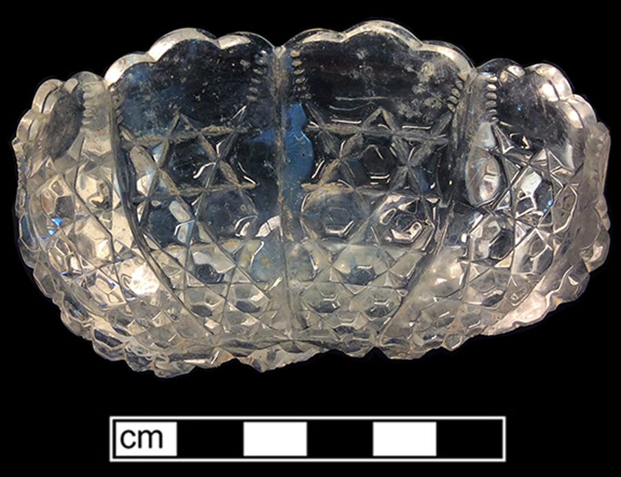Image of colorless glass bowl, hot glass decoration.