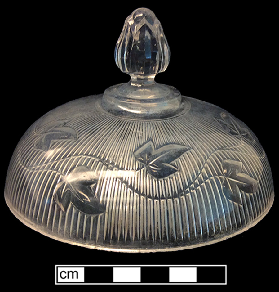 Image of colorless glass compote lid, hot glass decoration.