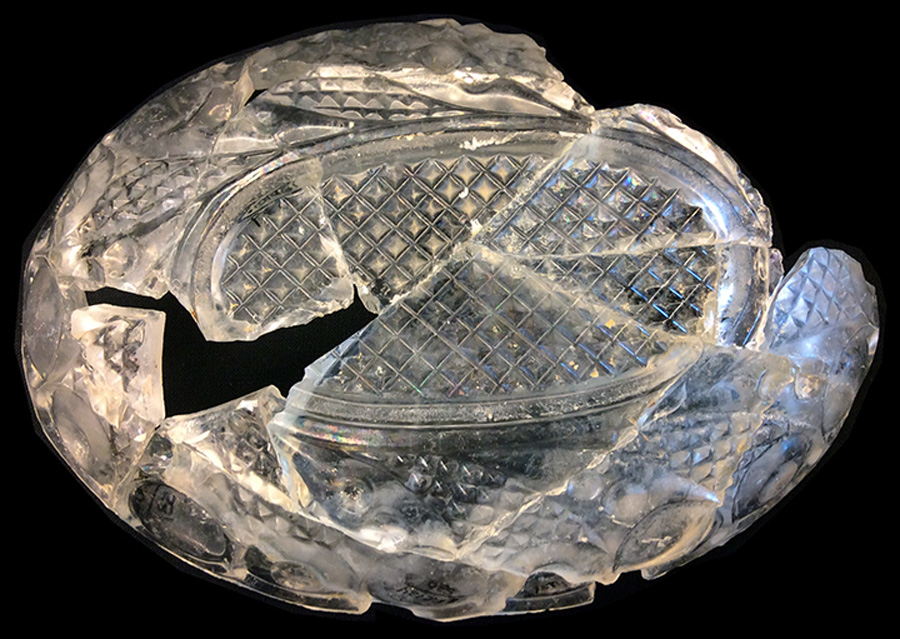 Image of colorless glass dish, hot glass decoration.