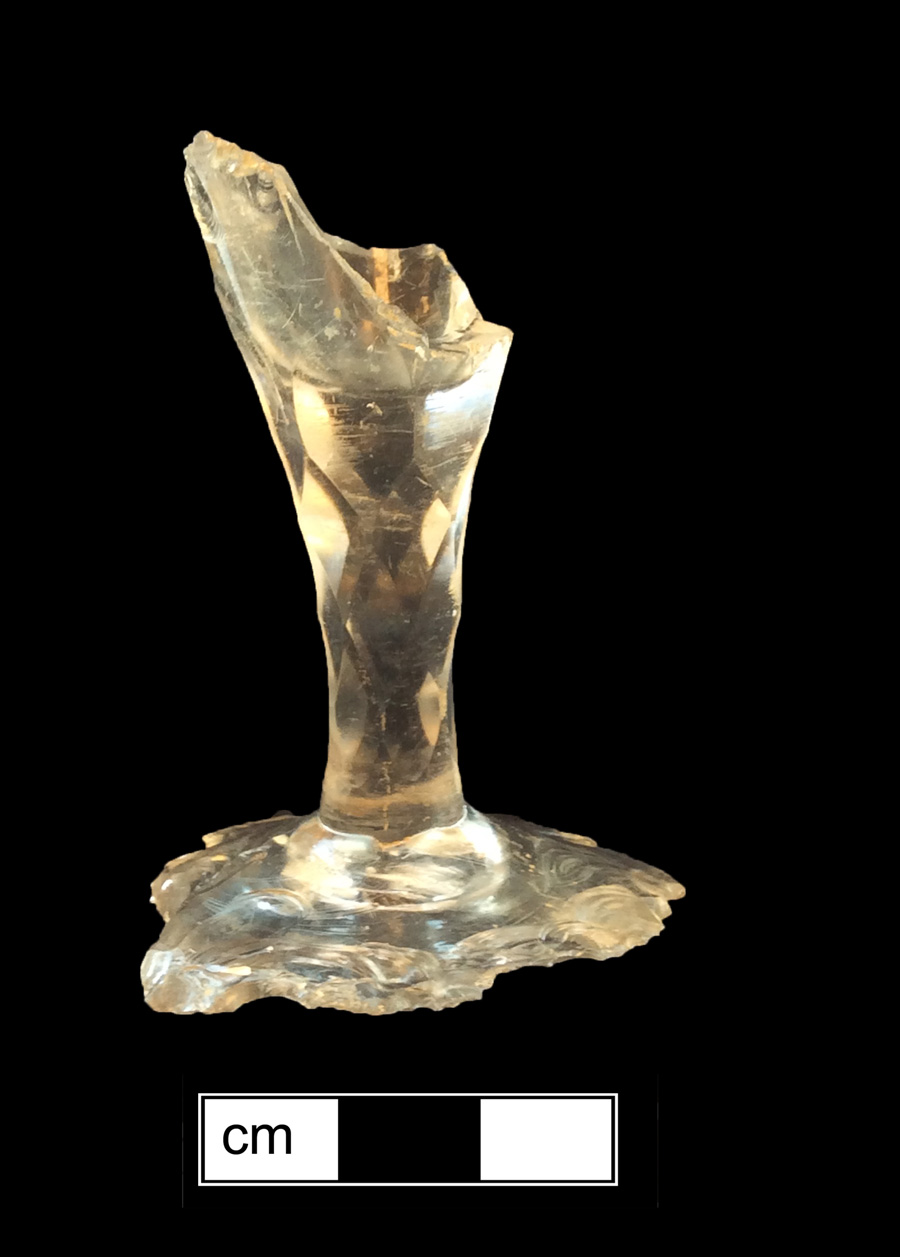 Image of colorless glass stemmed glass, abrasive decoration.