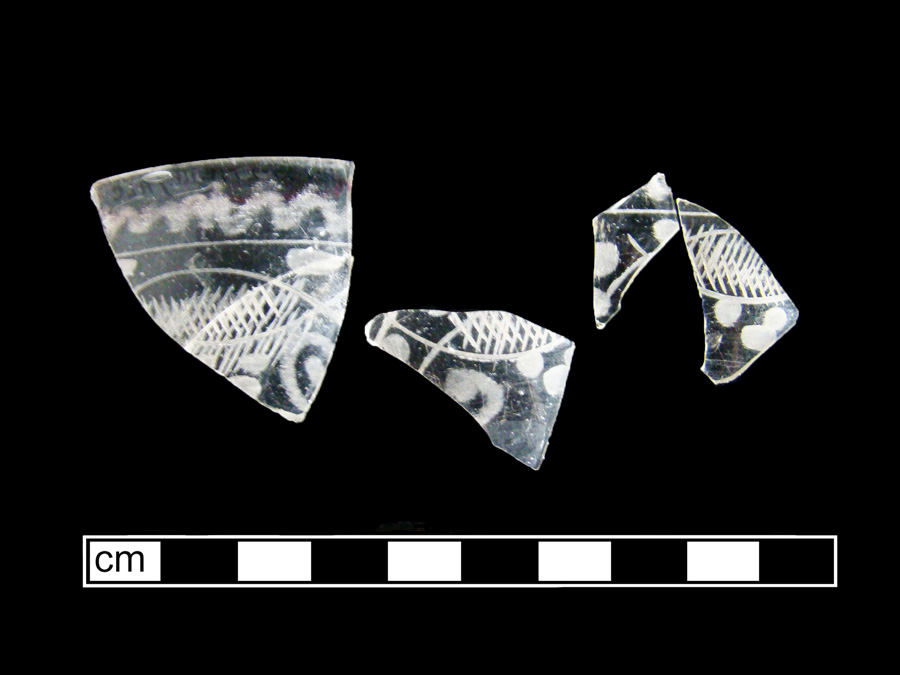 Image of colorless glass tumbler, abrasive decoration.