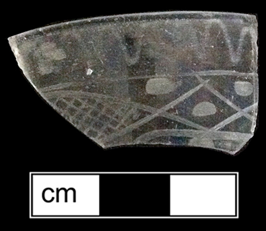 Image of colorless glass tumbler, abrasive decoration.