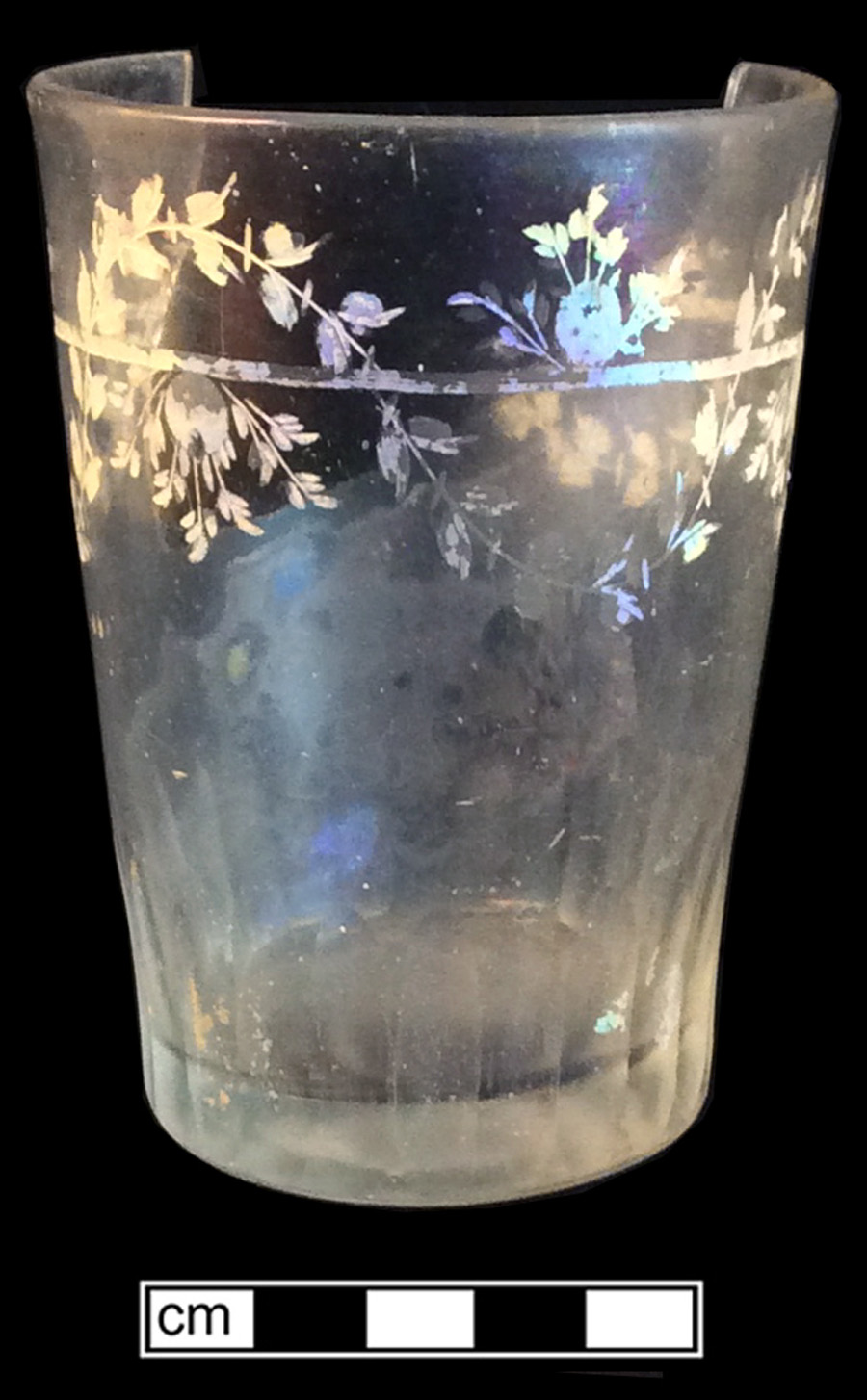 Image of colorless glass tumbler, abrasive decoration.