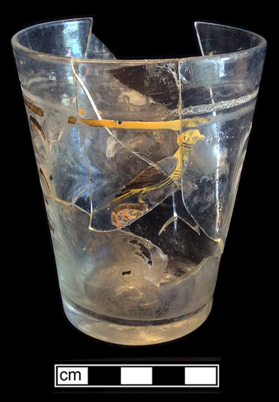Image of colorless glass tumbler, abrasive decoration.