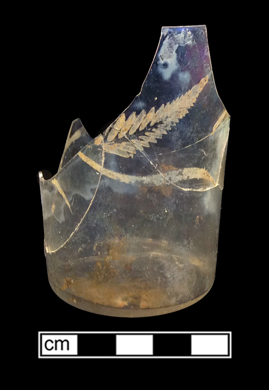 Image of colorless glass tumbler, abrasive decoration.