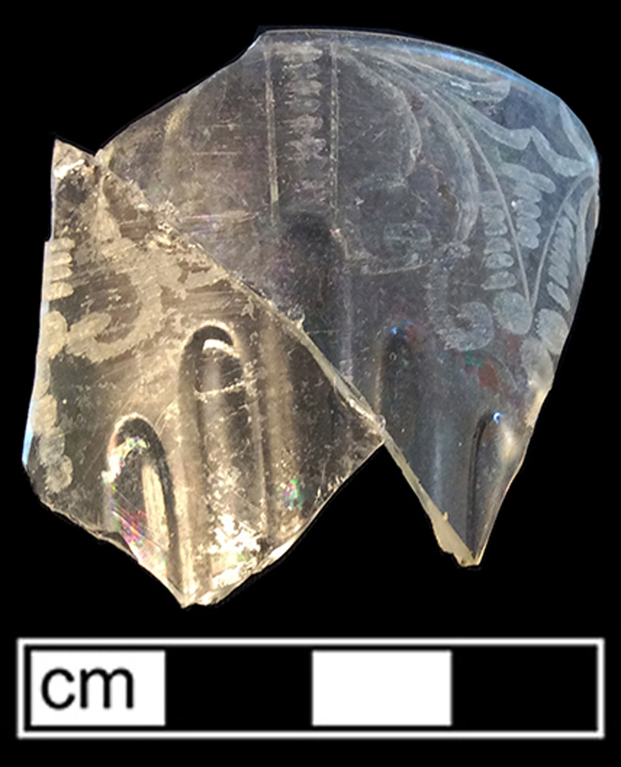 Image of colorless glass tumbler, abrasive decoration.