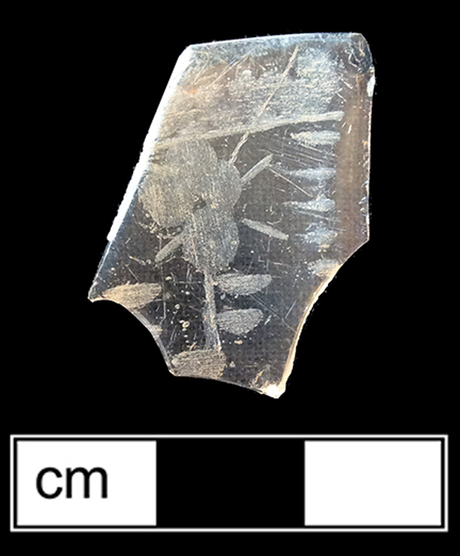 Image of colorless glass tumbler, abrasive decoration.