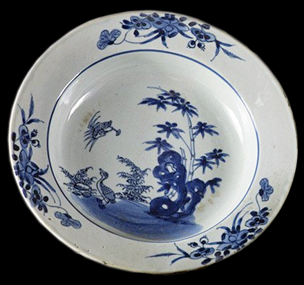 18th-century soup plate decorated with similar motif, from private collection on right.