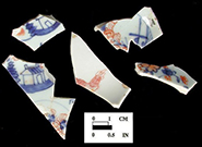 Overglaze painted rim and body sherds Oxon Hill site, 18PR175, vessel #170 (left) vessels #44, 45, 47, 51, and 60 (right) - Area I Well, (ca. 1710 - 1750).