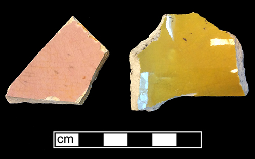 Left: Molded hollow vessel with bamboo motif. The interior of this vessel has a pink lead glaze. Right: Molded hollow vessel (jug?) with a leaf motif. The interior of this vessel has a yellow lead glaze.