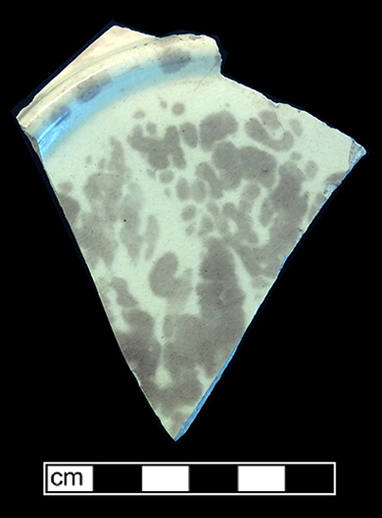 Molded plate with fern motif. Mayer’s Arsenal Pottery began producing majolica in the mid-1880s (Liebknecht 2005). The underside of this vessel has a mottled brown and green lead glaze.