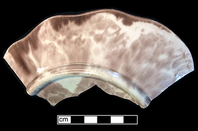 Molded plate with fern motif. Rim diameter: 8.00”.The underside of this vessel has a mottled brown and green lead glaze.