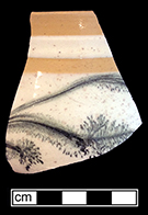 Yellow ware mug with green mocha in a horizontal orientation on white band. Horizontally-oriented seaweed and feather mocha motifs became popular in the 1870s (Gallo 1985:43). Rim diameter: 3.00”, Lot #: 33-41. 18BC56