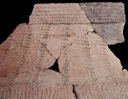 Close-up of a Shepard typical cord-wrapped dowel impressed mended rim and body sherds from the Winslow site 18MO9 - SI Cat. #449644 - Courtesy of the Smithsonian Institution, Museum of Natural History, Department of Anthropology.